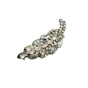 Vintage Clear Rhinestones Pin Brooch Silver Tone Leaf Layered Designer Quality
